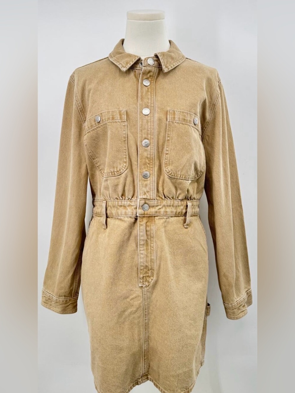 Madewell Denim Utility Dress Tan Jean Shirtdress Mini Short Button up L XL 14